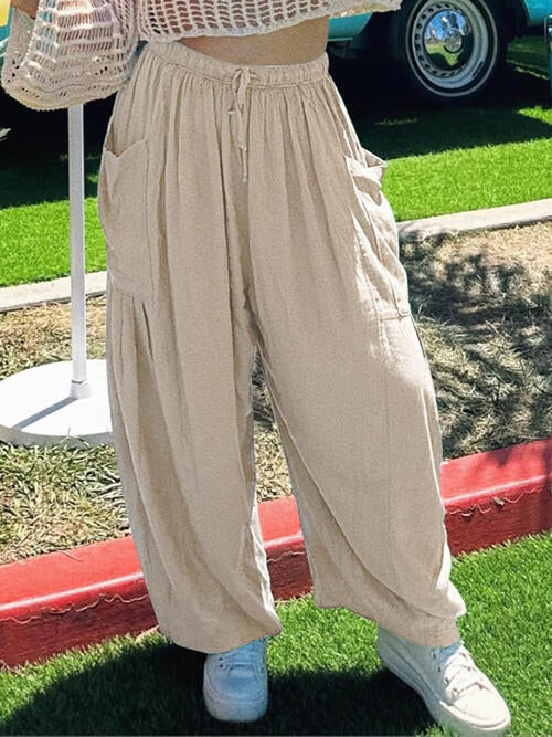 Drawstring Pocketed Wide Leg Pant