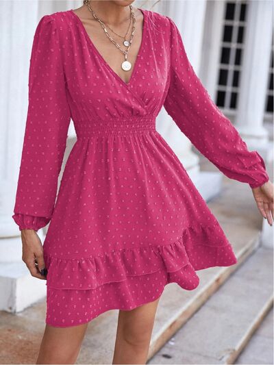 Swiss Dot Surplice Smocked Ruffle Hem Dress