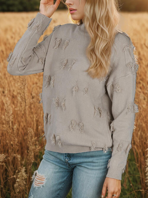 Fringe Detail Long Sleeve Mock Neck Sweater