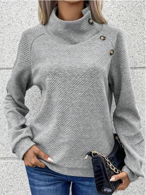 Buttoned Mock Neck Long Sleeve Sweatshirt