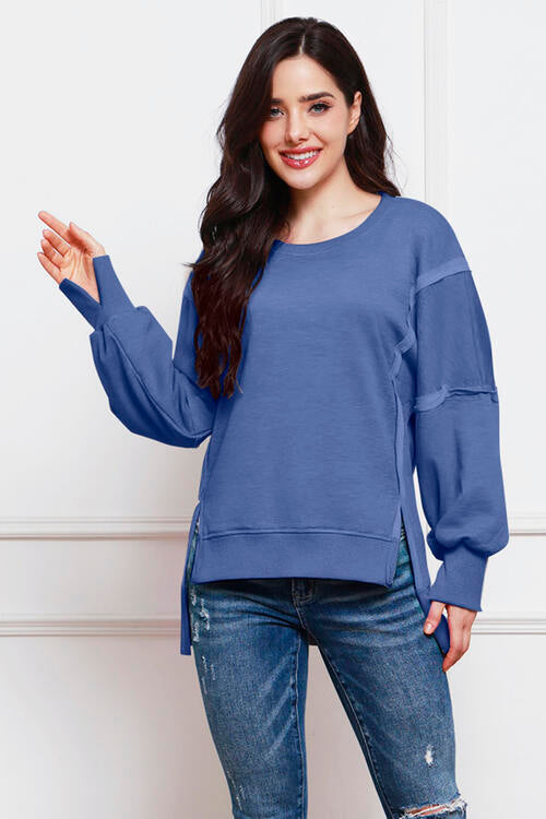 Exposed Seam High-Low Slit Sweatshirt