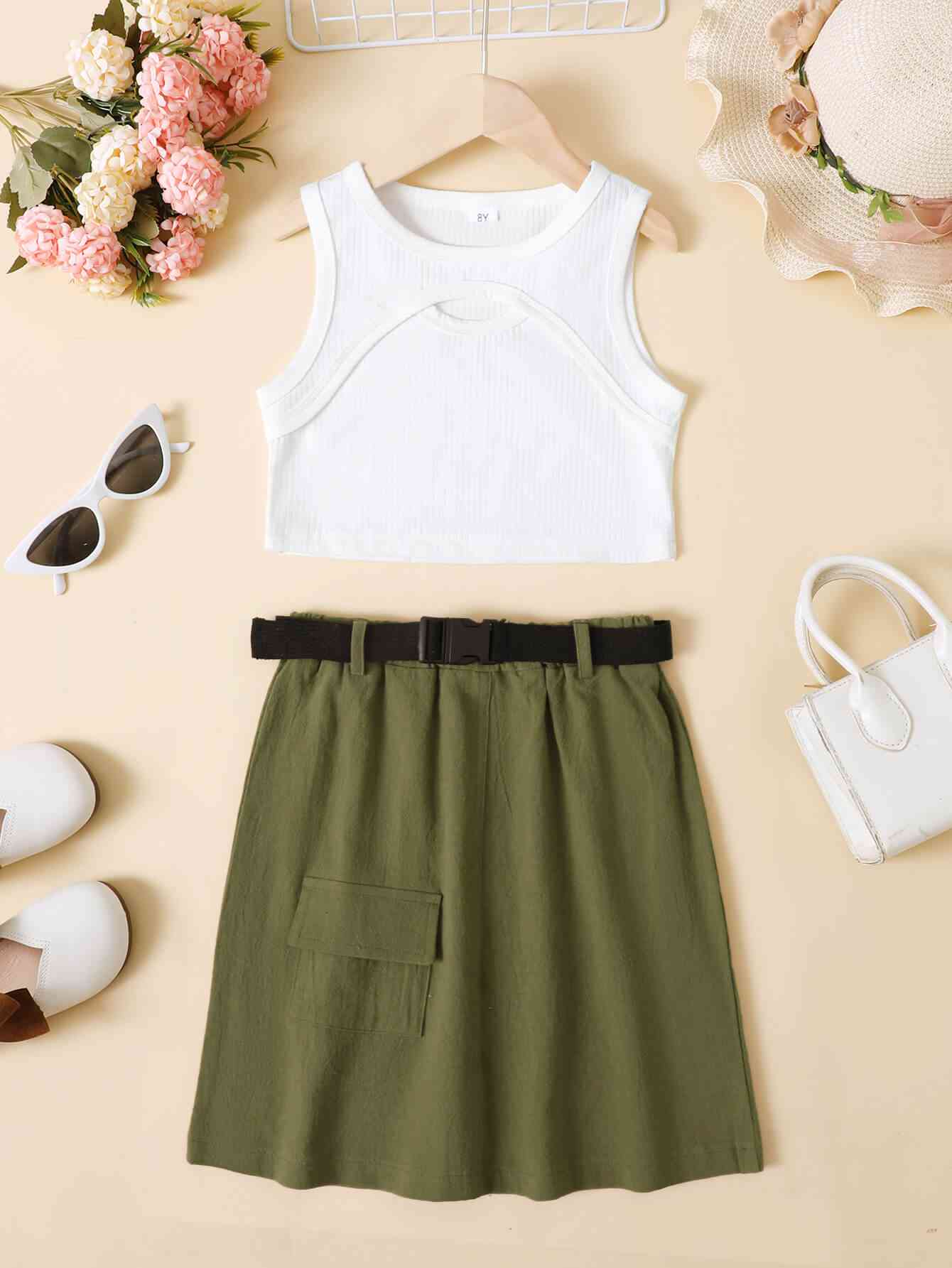 Girls Ribbed Tank and Skirt Set