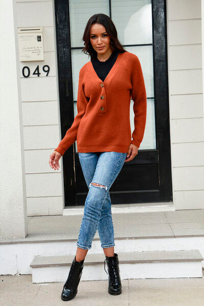 Half Button Up V-Neck Sweater