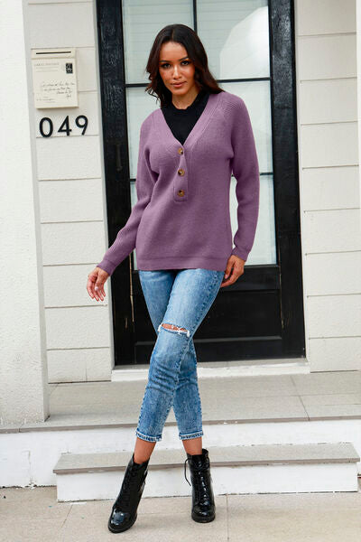 Half Button Up V-Neck Sweater