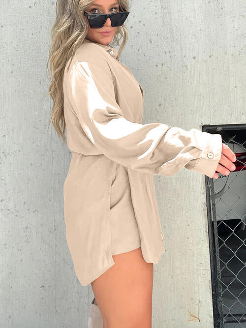 Button Up Long Sleeve Slit Shirt and Shorts Set