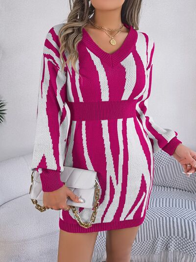 Animal Print V-Neck Long Sleeve Sweater Dress