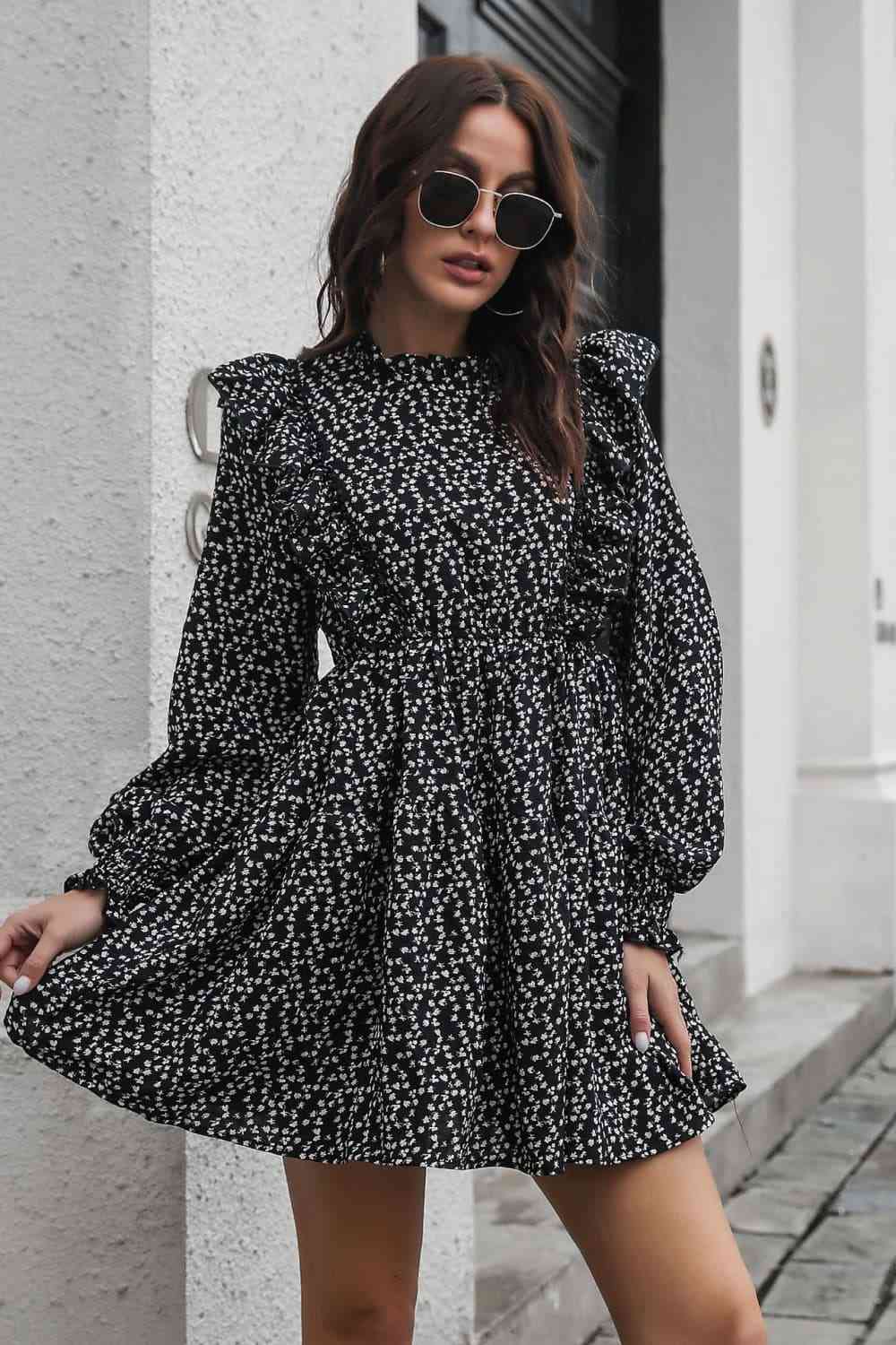 Printed Ruffle Trim Smocked Long Sleeve Mini Dress