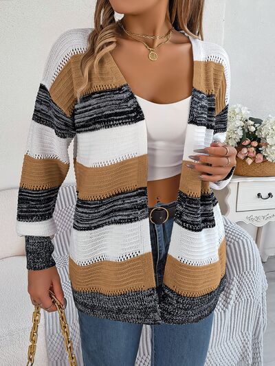 Openwork Striped Open Front Cardigan