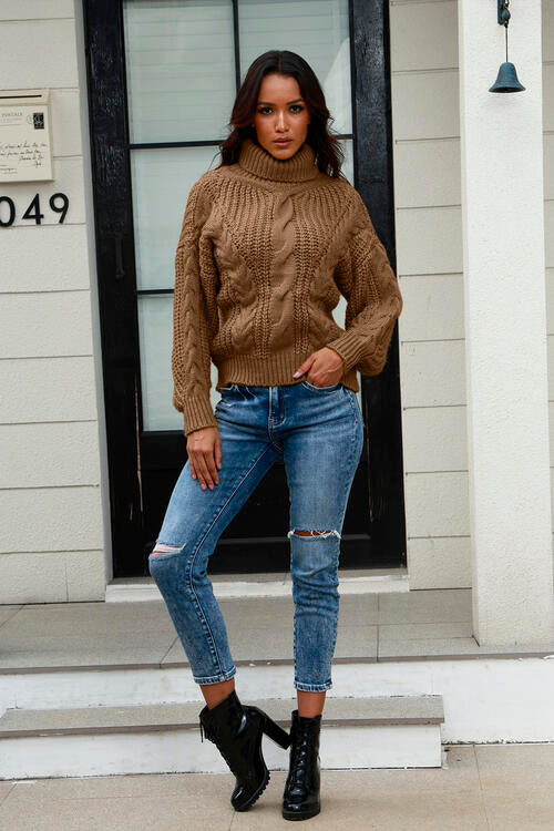 Cable-Knit Turtleneck Long Sleeve Sweater