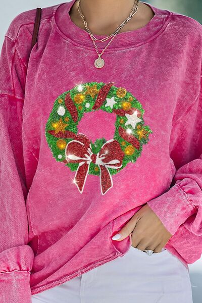 Wreath Sequin Round Neck Long Sleeve Sweatshirt