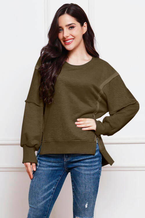 Exposed Seam High-Low Slit Sweatshirt