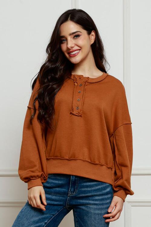 Exposed Seam Half Button Long Sleeve Sweatshirt