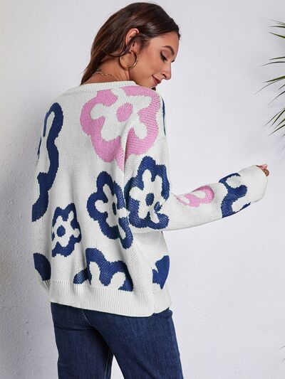 Flower Pattern Round Neck Long Sleeve Sweater