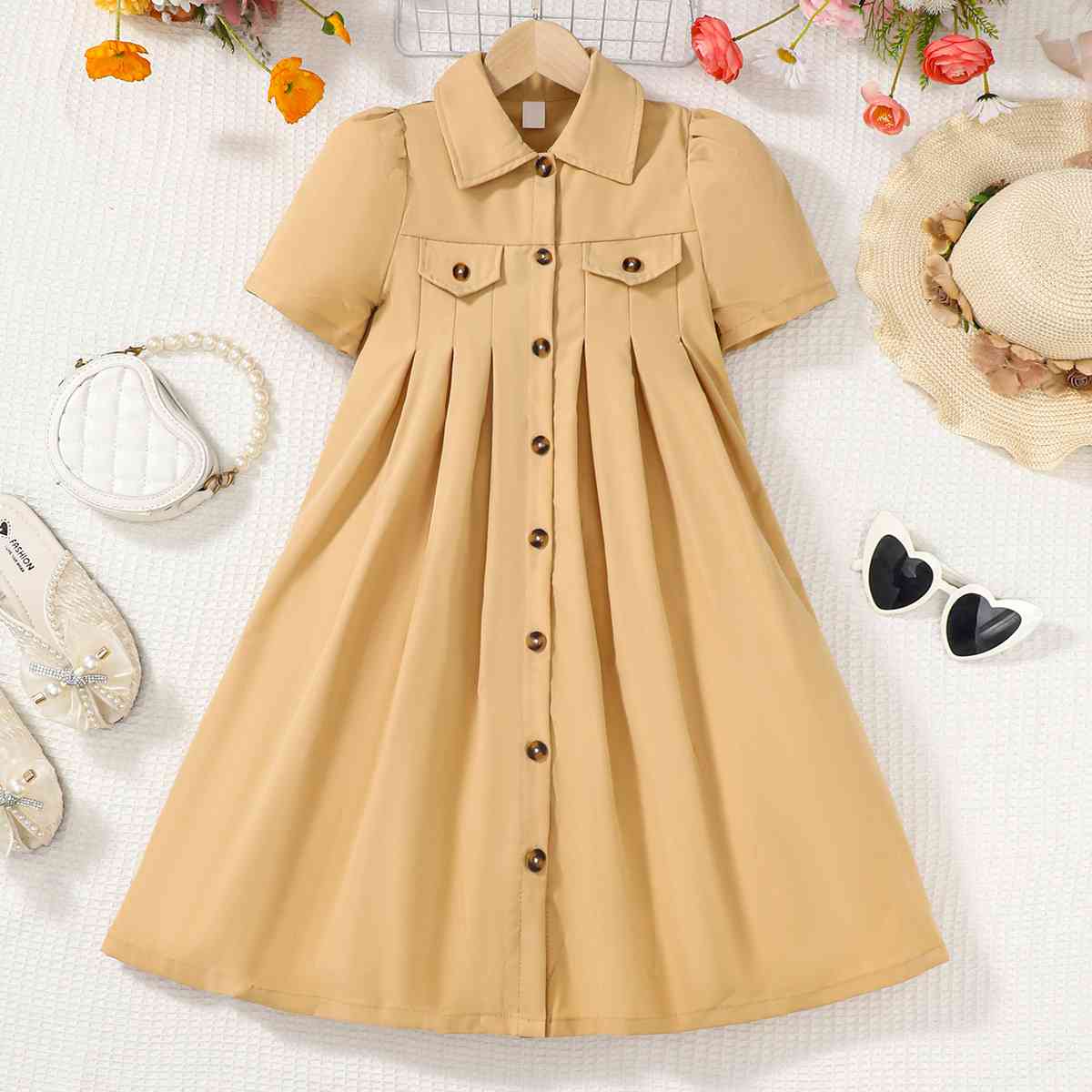 Short Sleeve Collared Neck A-Line Dress