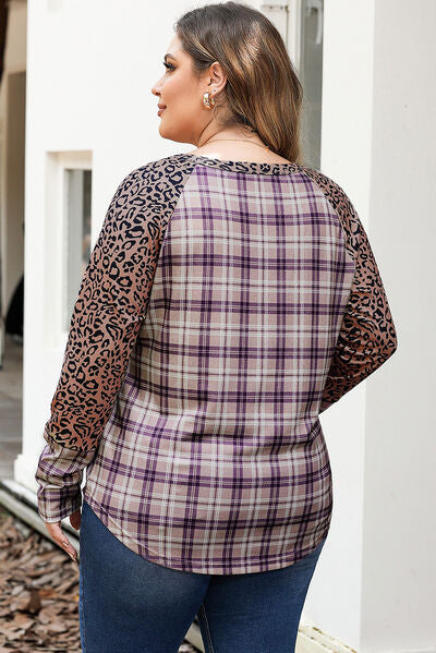 Plus Size Leopard Raglan Sleeve Plaid T-Shirt