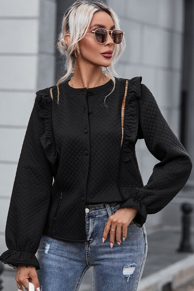 Ruffled Button Up Round Neck Shirt