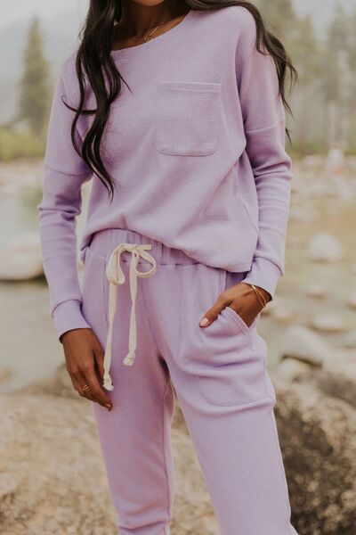 Waffle Knit Long Sleeve Top and Drawstring Pants Set