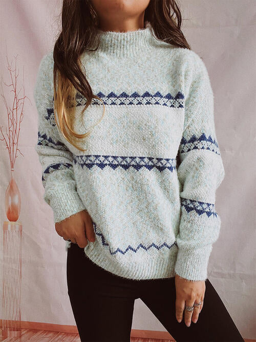 Geometric Mock Neck Dropped Shoulder Sweater