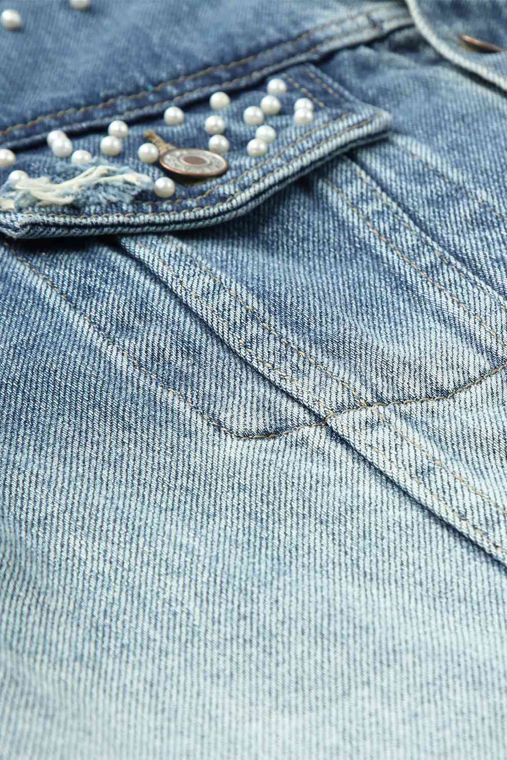 Pearl Detail Distressed Button Up Denim Jacket