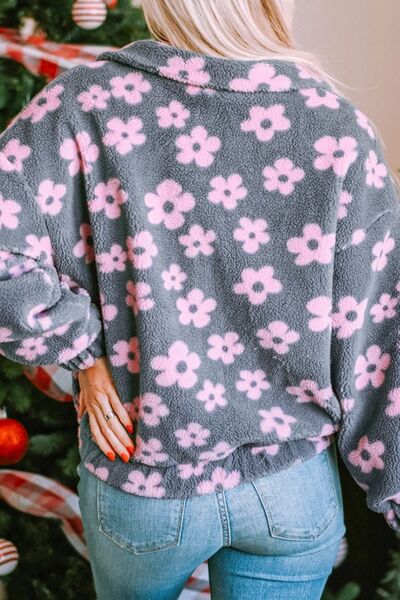 Flower Print Zip Up Dropped Shoulder Jacket