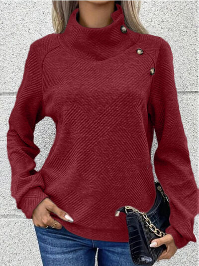 Buttoned Mock Neck Long Sleeve Sweatshirt