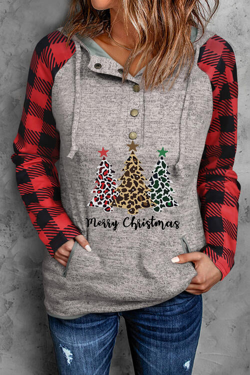 Plaid Christmas Tree Graphic Half Snap Drawstring Hoodie