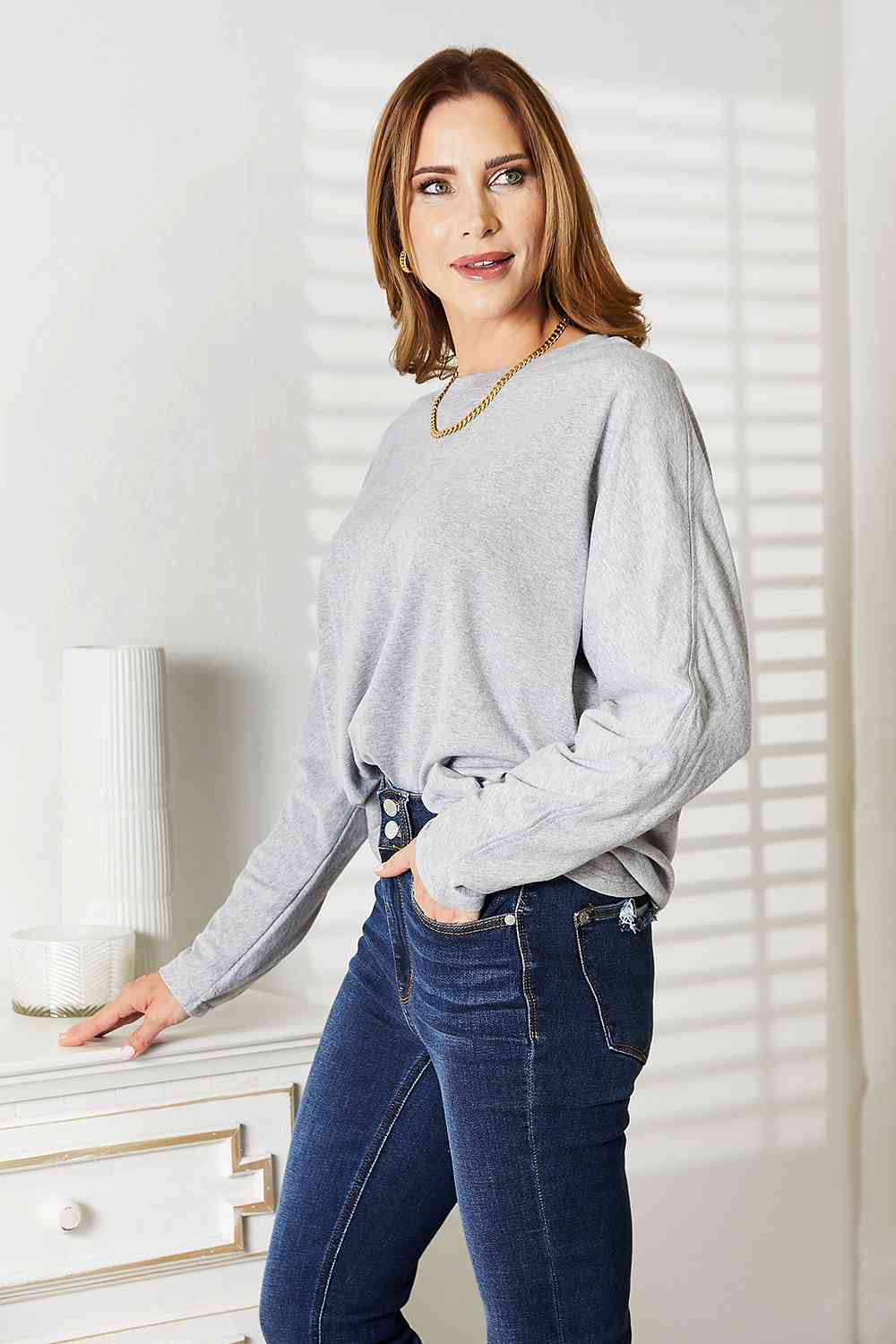 Double Take Seam Detail Round Neck Long Sleeve Top