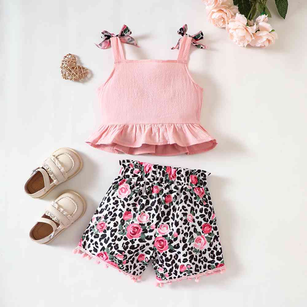 Decorative Button Ruffled Tank and Leopard Floral Shorts Set