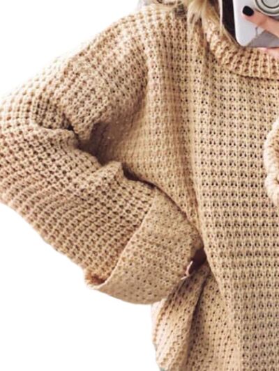 Waffle-Knit Turtleneck Round Neck Sweater