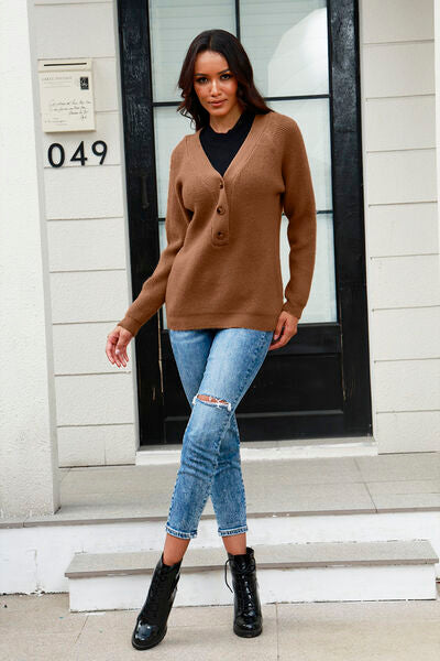 Half Button Up V-Neck Sweater