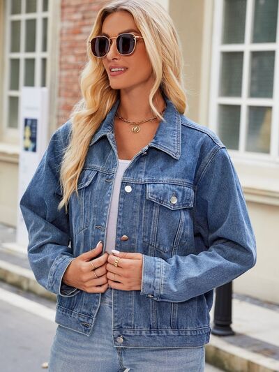 Pocketed Collared Neck Denim Jacket