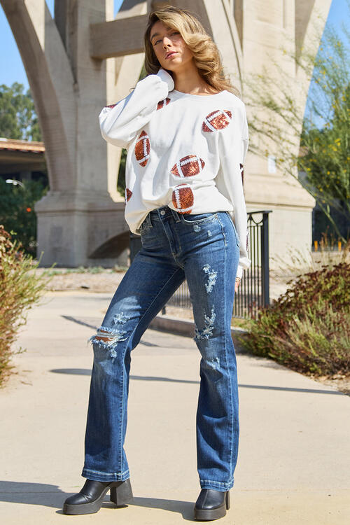 Football Sequin Round Neck Sweatshirt