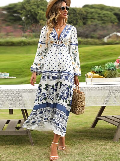 Printed Drawstring Balloon Sleeve Dress