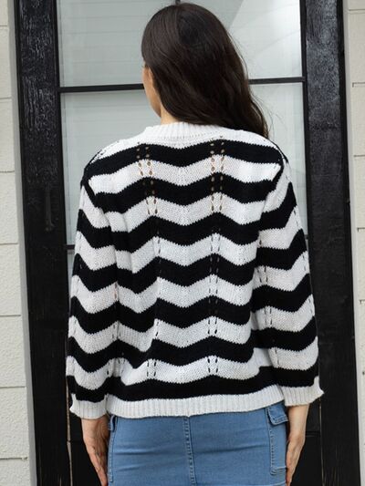 Openwork Striped V-Neck Sweater