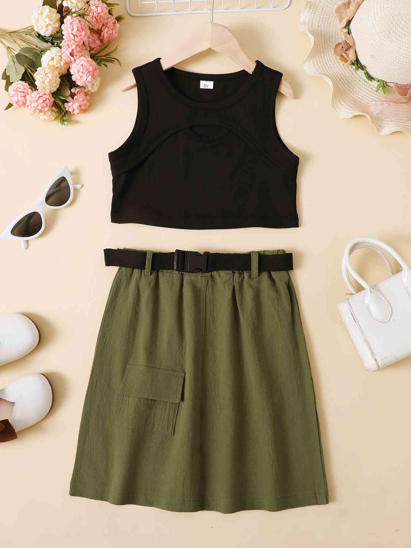 Girls Ribbed Tank and Skirt Set