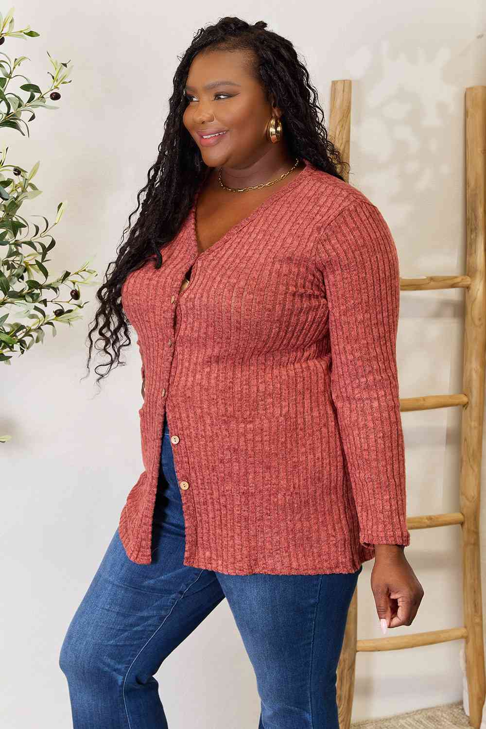 Double Take Ribbed Button-Up Cardigan with Pockets