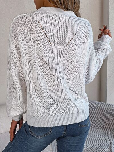 Openwork Half Button Lantern Sleeve Sweater