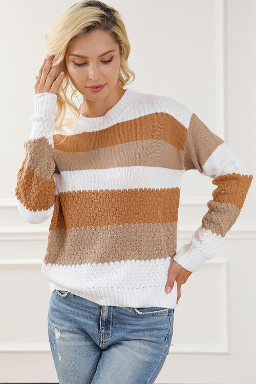 Striped Round Neck Long Sleeve Knit Top