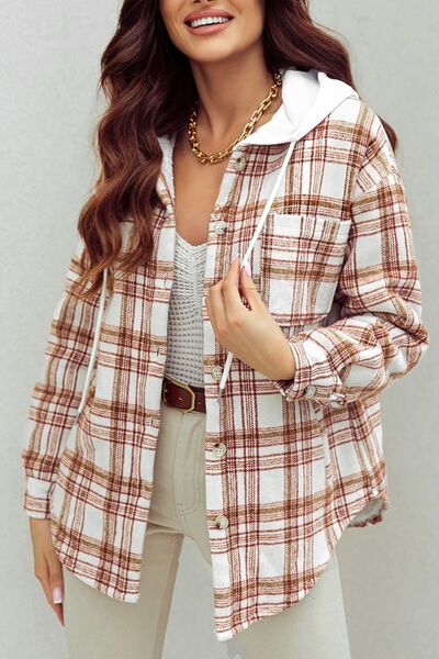 Plaid Drawstring Button Up Long Sleeve Hooded Jacket