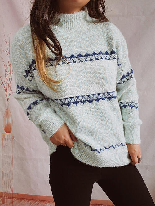 Geometric Mock Neck Dropped Shoulder Sweater