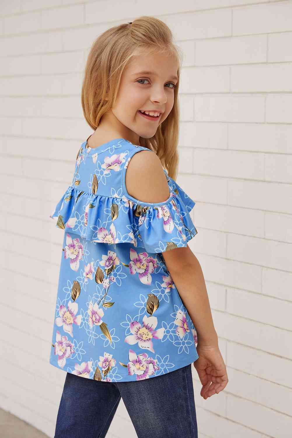 Girls Floral Cold-Shoulder Ruffled Top