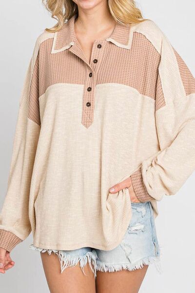 Color Block Half Button Up Blouse