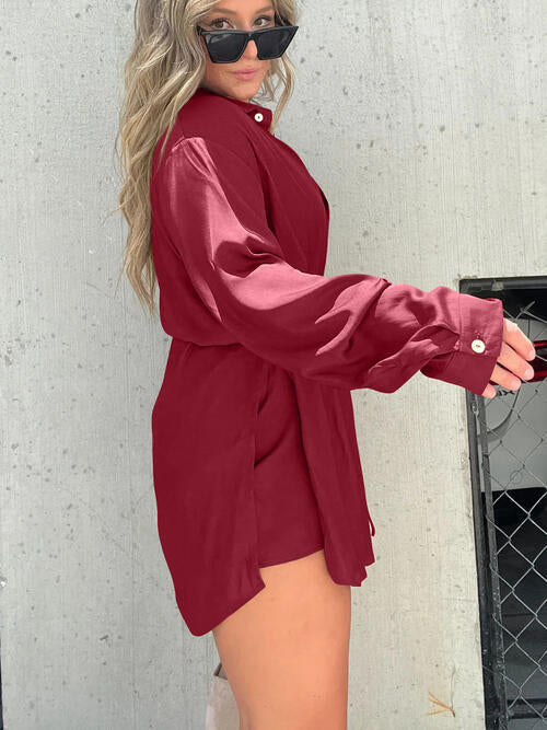 Button Up Long Sleeve Slit Shirt and Shorts Set