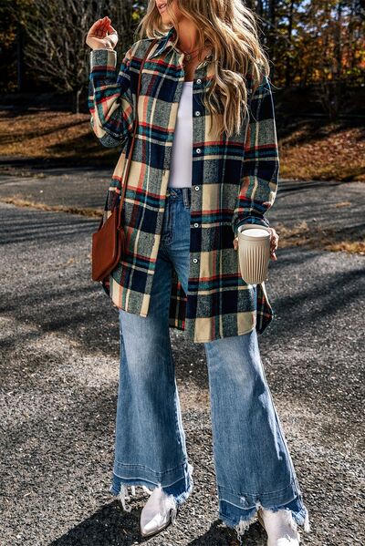 Plaid Button Up Long Sleeve Slit Shacket