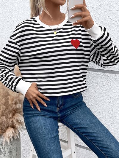 Heart Patch Striped Round Neck Long Sleeve Sweatshirt