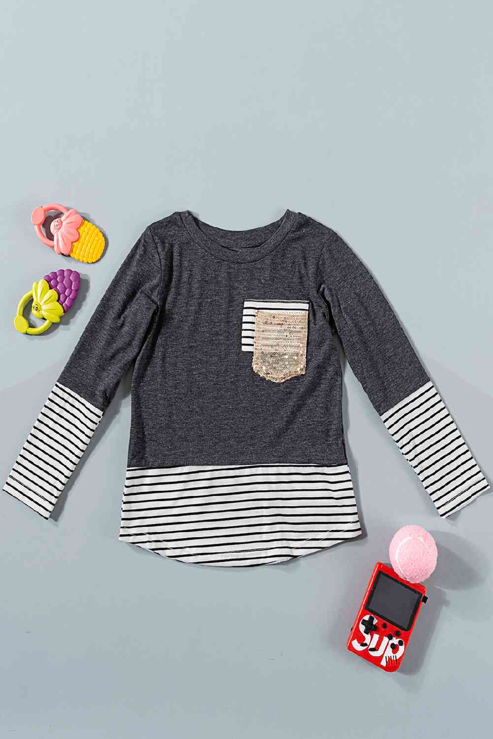 Girls Striped Color Block Sequin Pocket Top