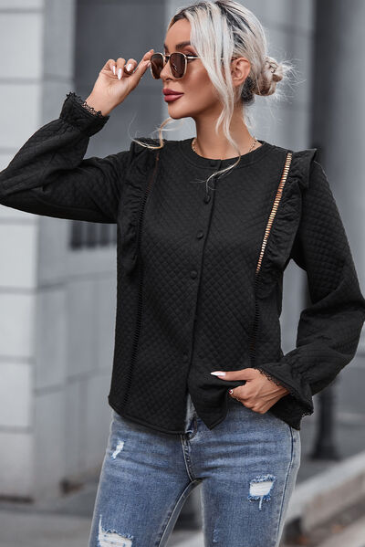 Ruffled Button Up Round Neck Shirt