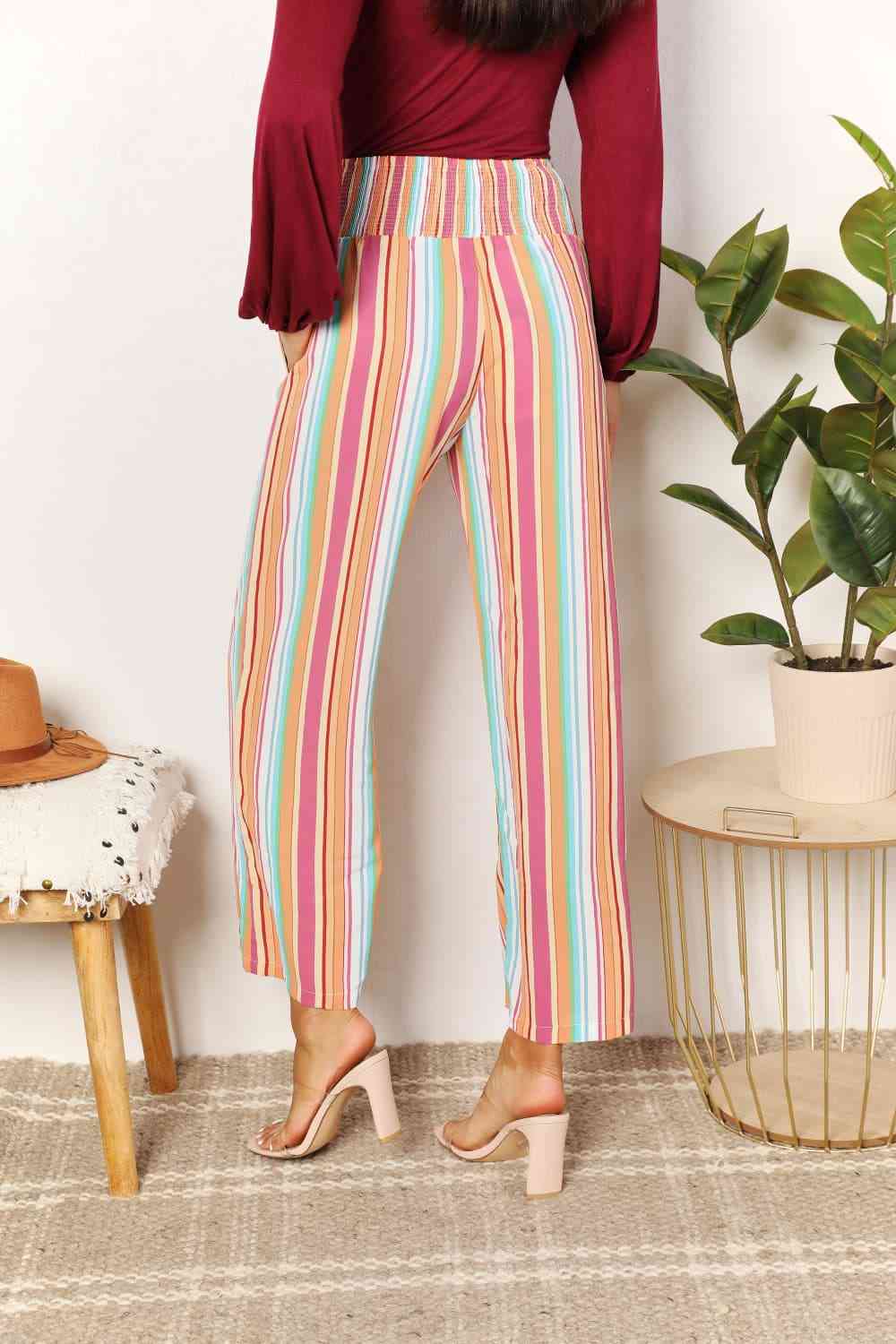 Double Take Striped Smocked Waist Pants with Pockets