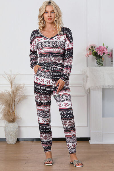 Printed V-Neck Top and Pants Lounge Set