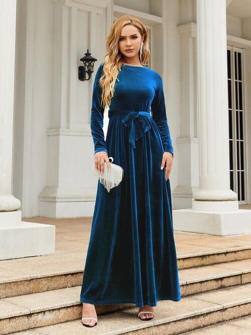 Tie Front Round Neck Long Sleeve Maxi Dress